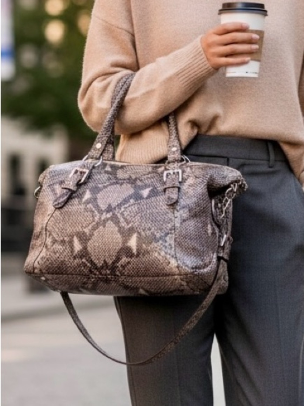 Michael Kors Python Embossed Satchel Shoulder Bag – Taupe/Gray